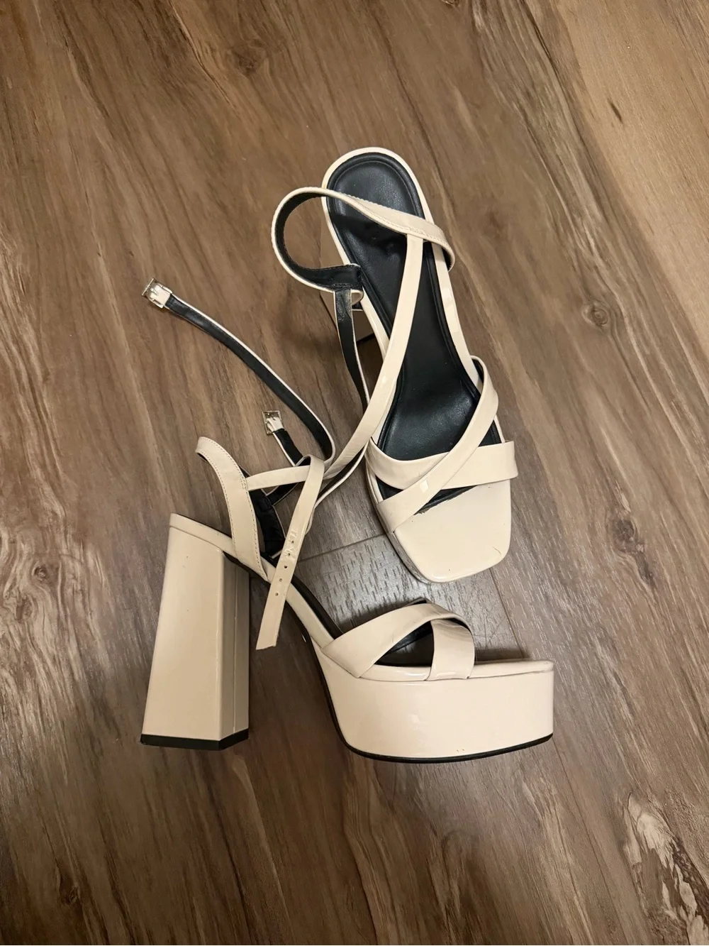 Zara Cream Patent Platform Block Heel Sandals